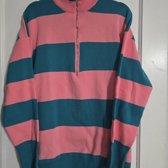 LILLUSORY Sweaters - Women's Pink and Teal Striped Quarter Zip Sweater
